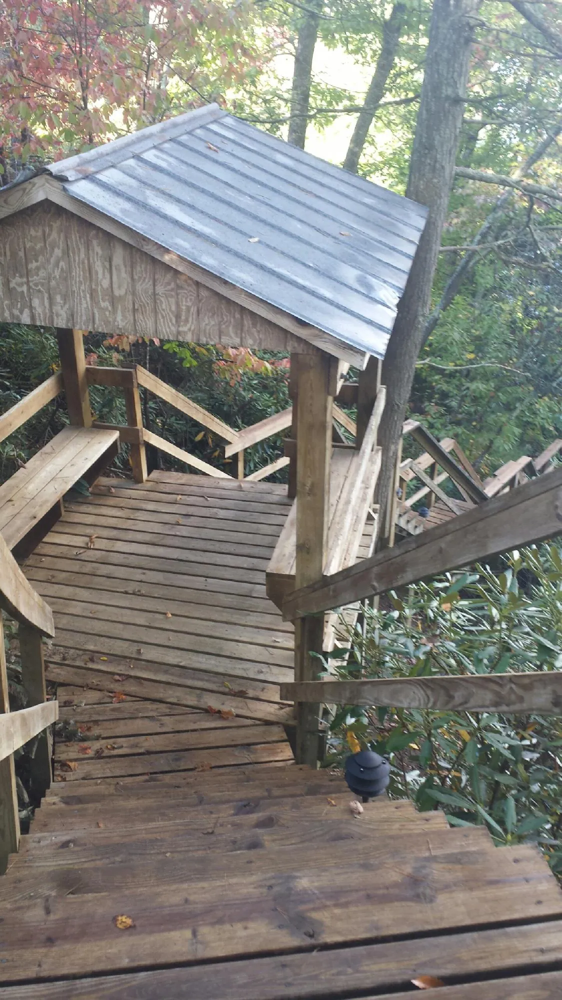 Metal roofed shelter over wooden steps on a wooded walkway — Skylight Repair & Installation work by our crew in Lunenburg